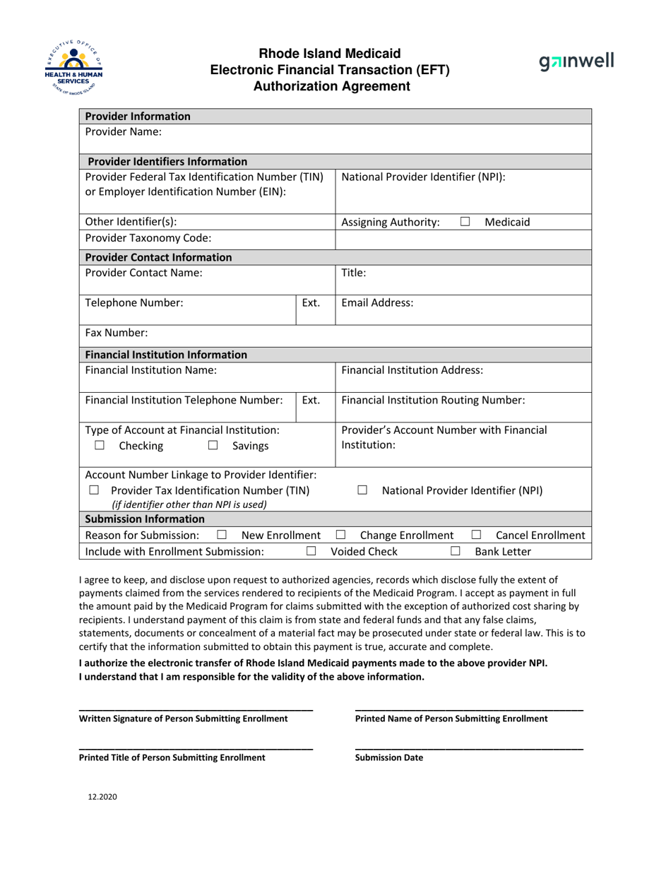 Electronic Financial Transaction (Eft) Authorization Agreement - Rhode Island, Page 3