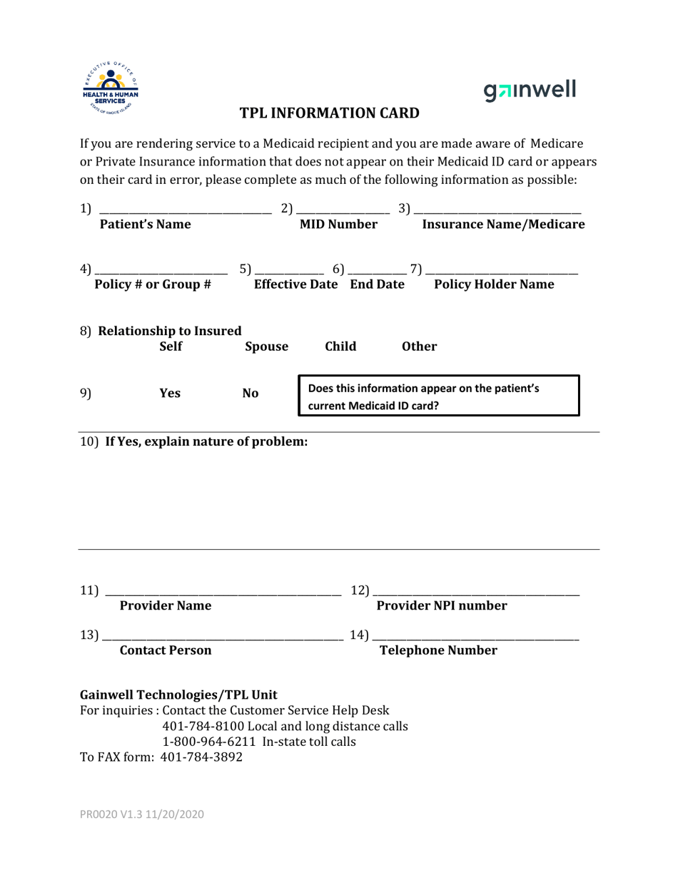 Form PR0020 Tpl Information Card - Rhode Island, Page 1