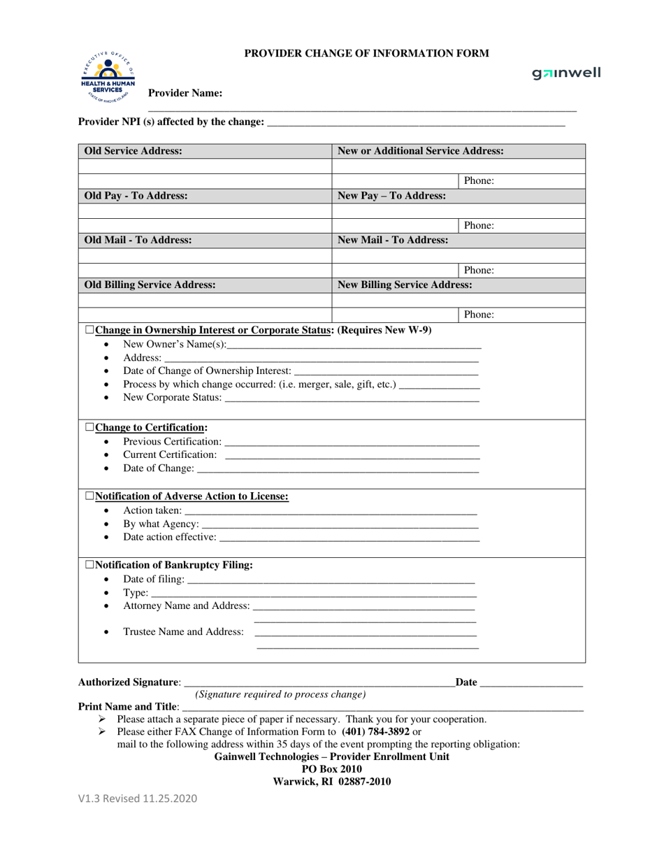 Provider Change of Information Form - Rhode Island, Page 1