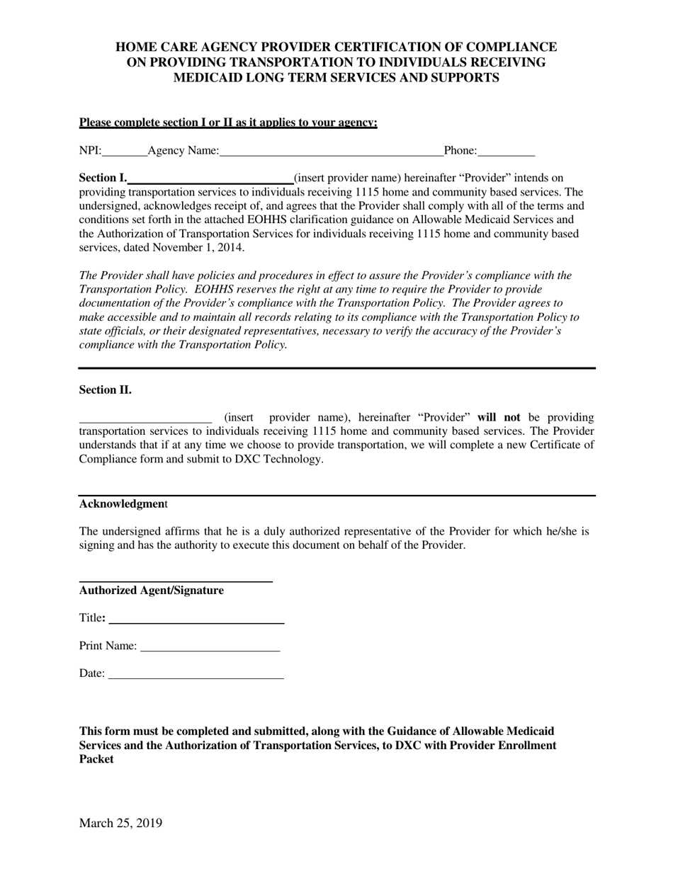 Home Care Agency Provider Certification of Compliance on Providing Transportation to Individuals Receiving Medicaid Long Term Services and Supports - Rhode Island, Page 1
