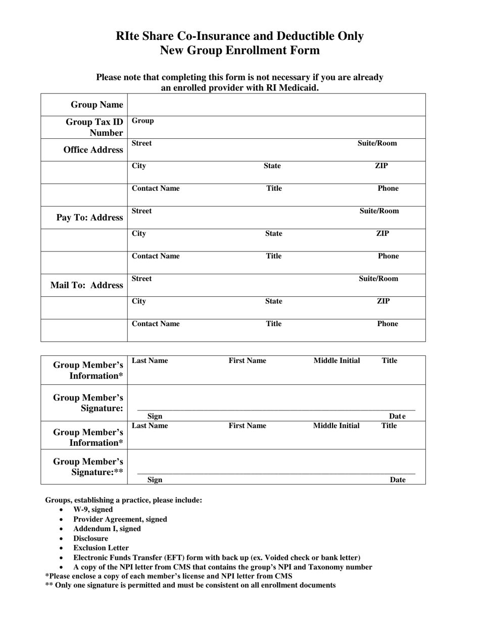 Rite Share Co-insurance and Deductible Only New Group Enrollment Form - Rhode Island, Page 1