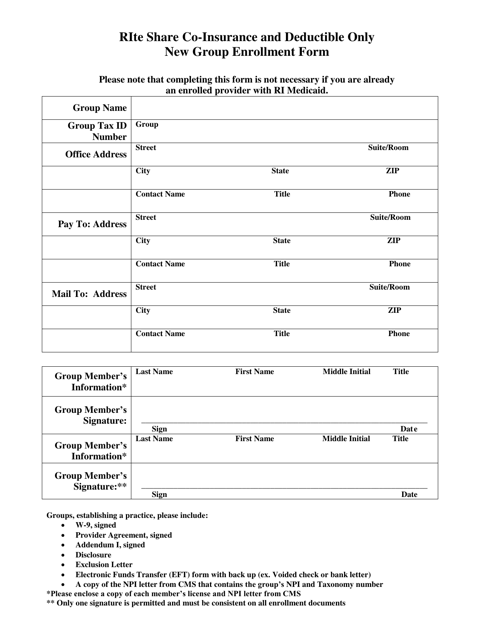 Rite Share Co-insurance and Deductible Only New Group Enrollment Form - Rhode Island Download Pdf