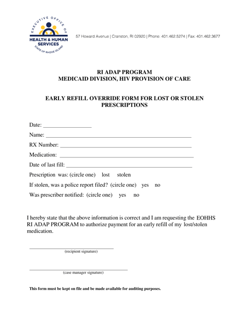 Early Refill Override Form for Lost or Stolen Prescriptions - Rhode Island Download Pdf