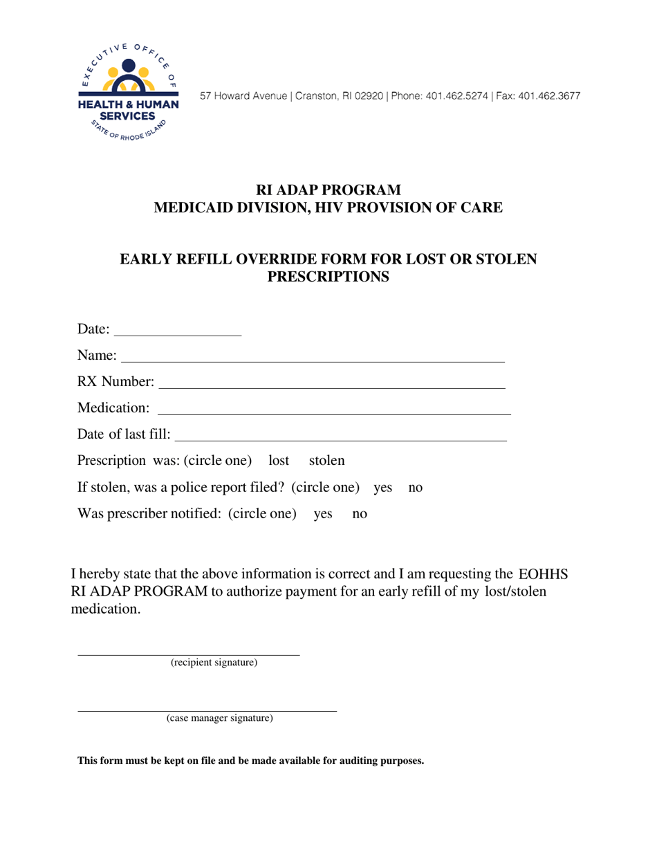 Early Refill Override Form for Lost or Stolen Prescriptions - Rhode Island, Page 1