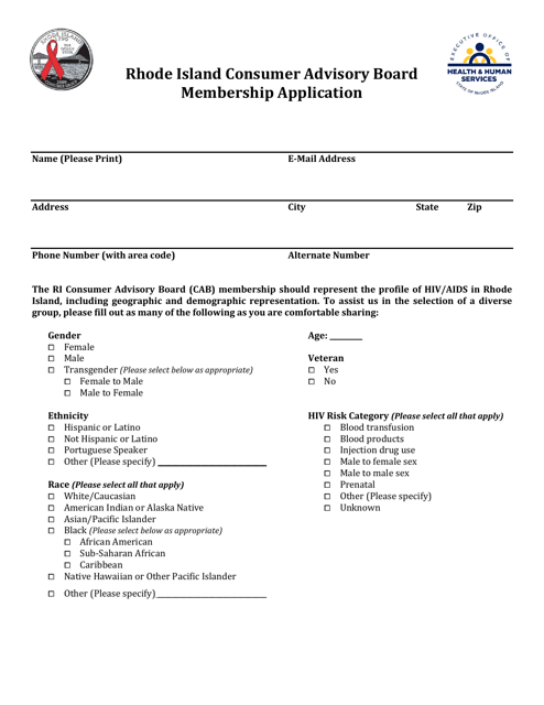 Rhode Island Consumer Advisory Board Membership Application - Rhode Island Download Pdf