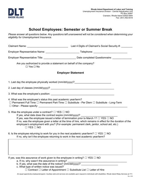 School Employees: Semester or Summer Break - Rhode Island
