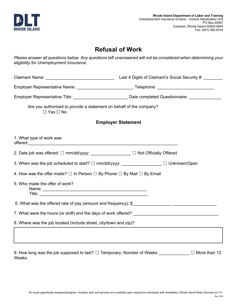 Refusal of Work (Employer) - Rhode Island, Page 1