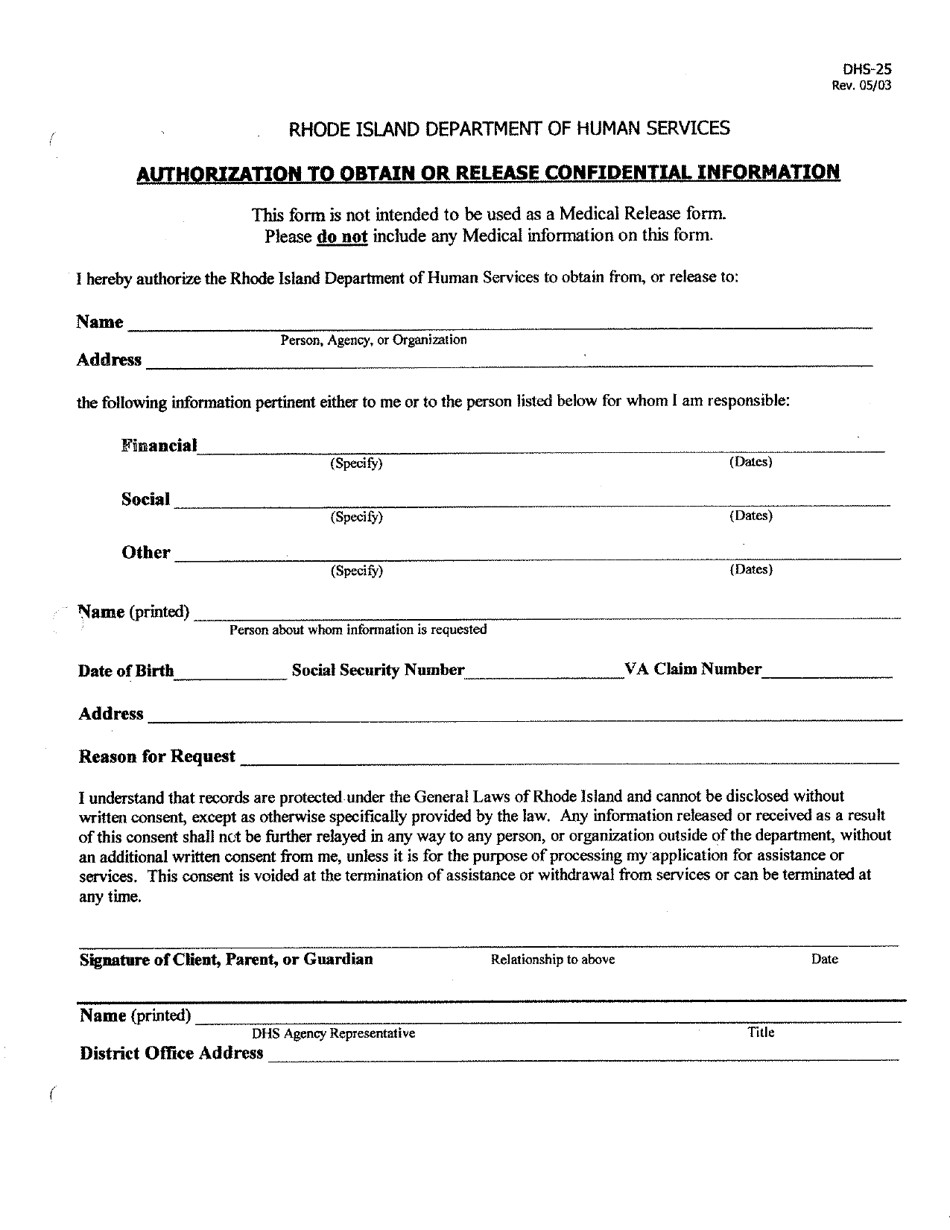 Form DHS-25 Authorization to Obtain or Release Confidential Information - Rhode Island, Page 1