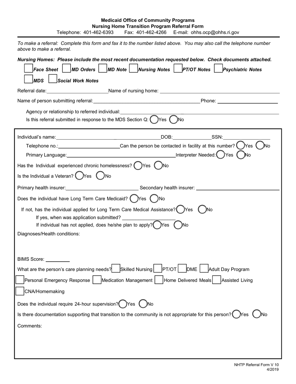 Rhode Island Nursing Home Transition Program Referral Form - Fill Out ...