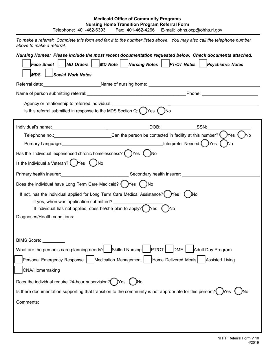 Nursing Home Transition Program Referral Form - Rhode Island, Page 1