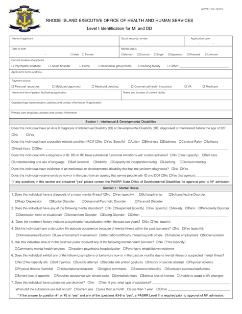 Form MA/PAS-1 Level I Identification for Mi and Dd - Rhode Island