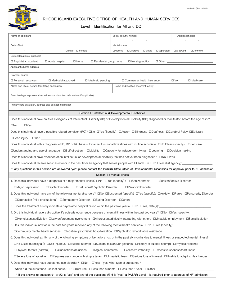 Form MA / PAS-1 Level I Identification for Mi and Dd - Rhode Island, Page 1