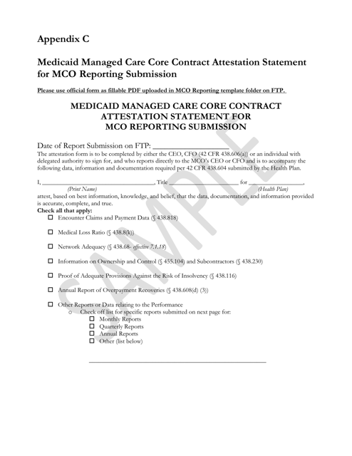 Appendix C Medicaid Managed Care Core Contract Attestation Statement for Mco Reporting Submission - Sample - Rhode Island