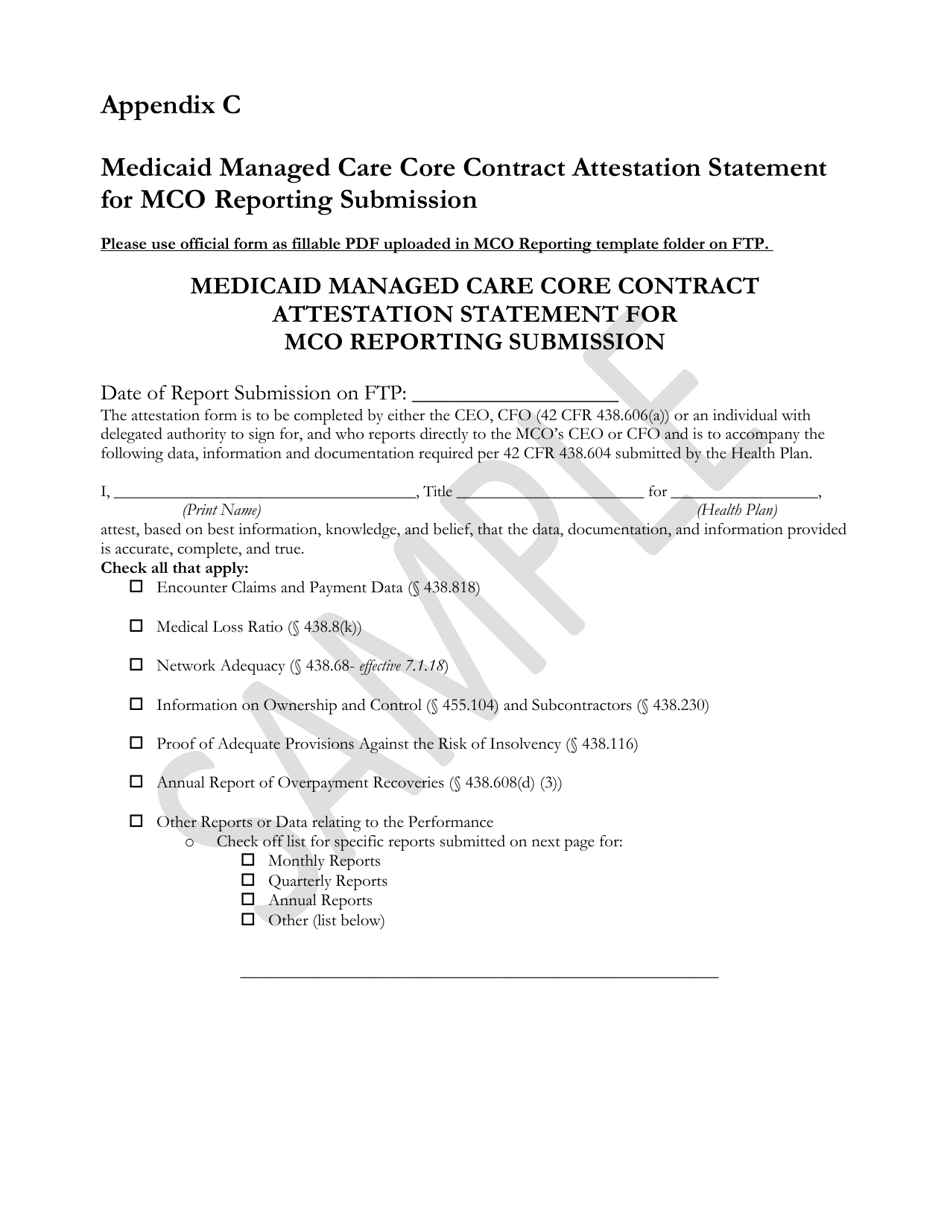Appendix C Medicaid Managed Care Core Contract Attestation Statement for Mco Reporting Submission - Sample - Rhode Island, Page 1