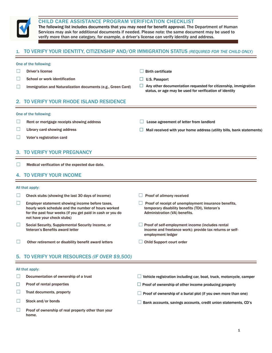 Child Care Assistance Program Verification Checklist - Rhode Island, Page 1