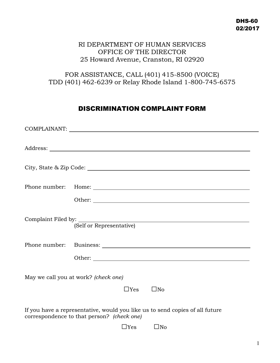 Form DHS-60 Discrimination Complaint Form - Rhode Island, Page 1