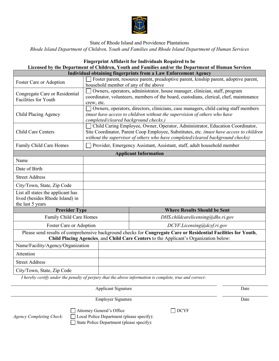 Fingerprint Affidavit for Individuals Required to Be Licensed by the Department of Children, Youth and Families and / or the Department of Human Services - Rhode Island, Page 1
