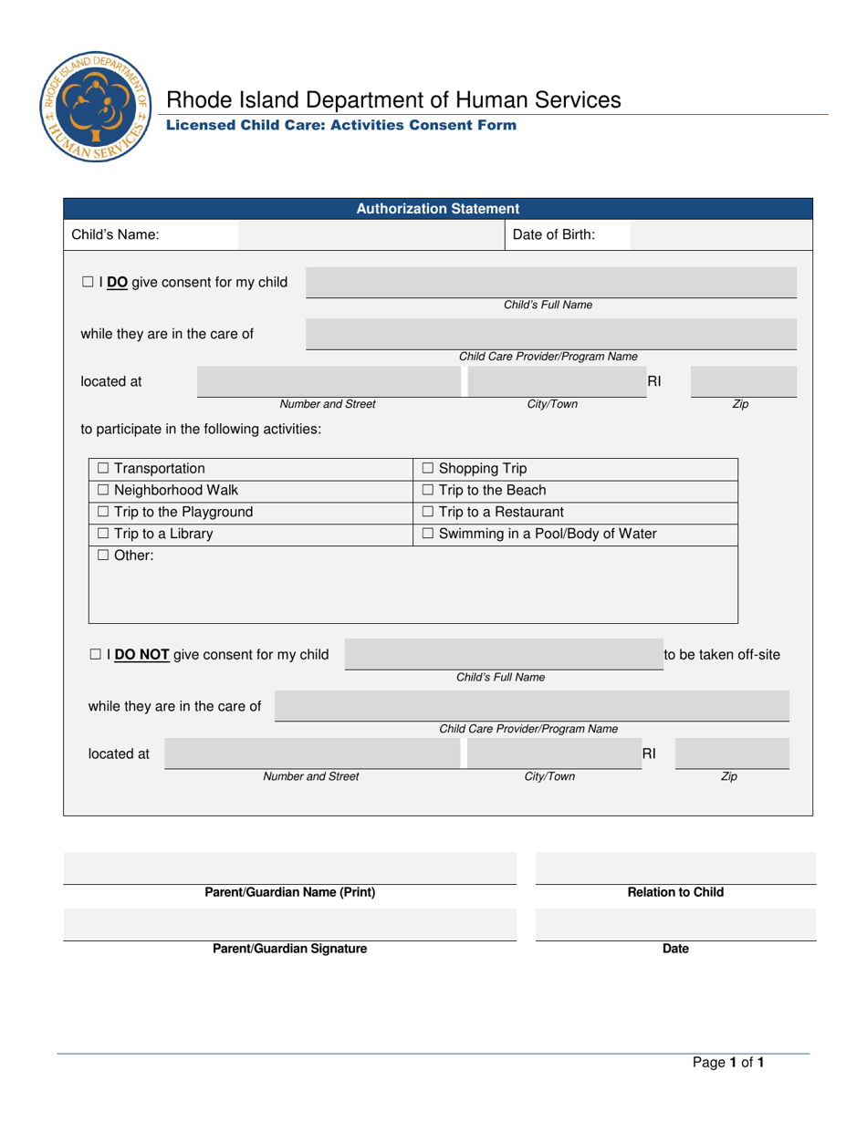 Licensed Child Care: Activities Consent Form - Rhode Island, Page 1
