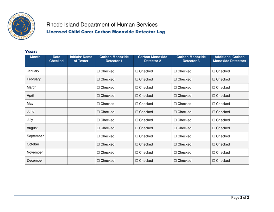 Licensed Child Care: Carbon Monoxide Detector Log - Rhode Island, Page 2