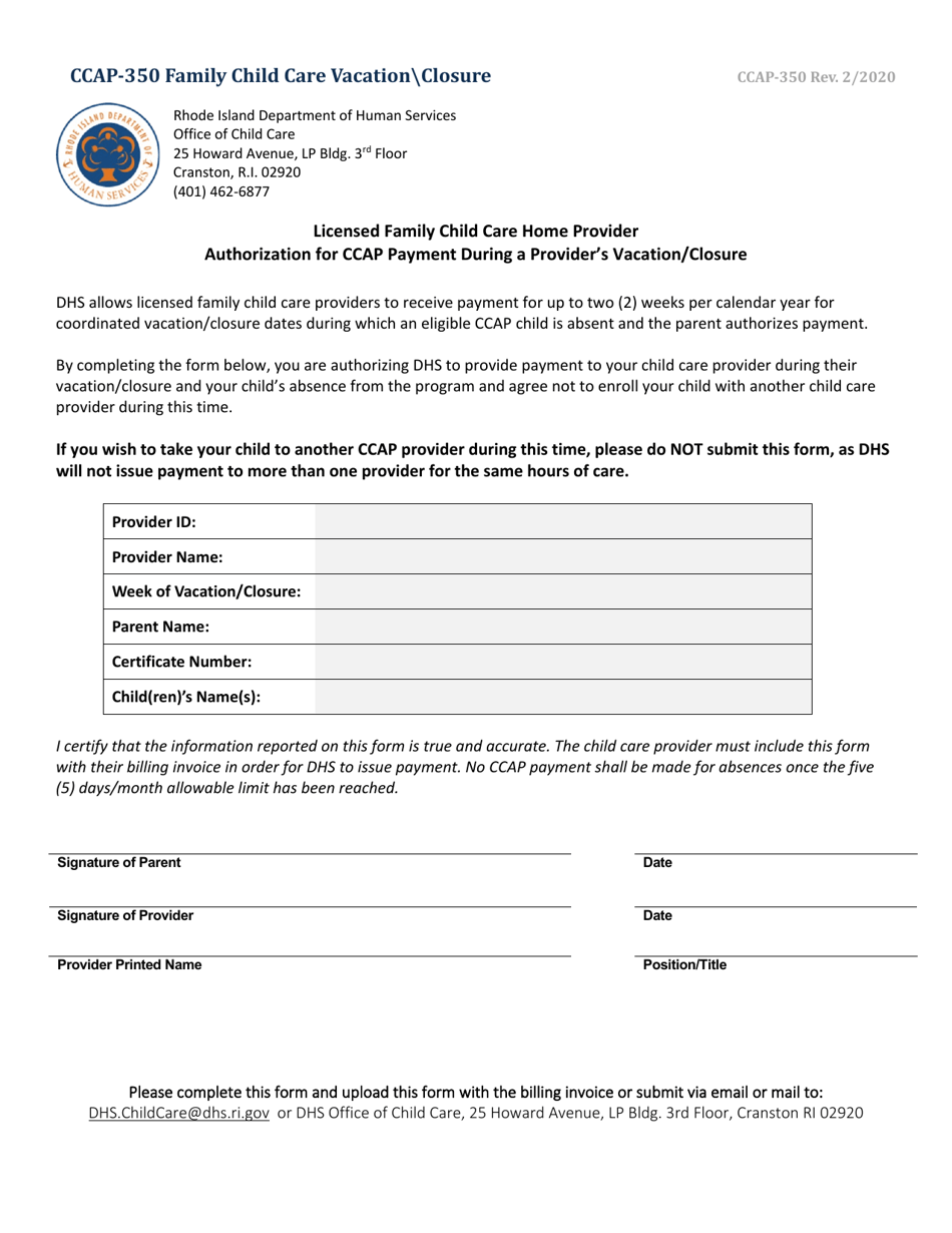 Form CCAP-350 Family Child Care Vacation closure - Rhode Island, Page 1