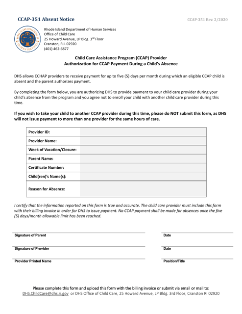 Form CCAP-351 Absent Notice - Rhode Island