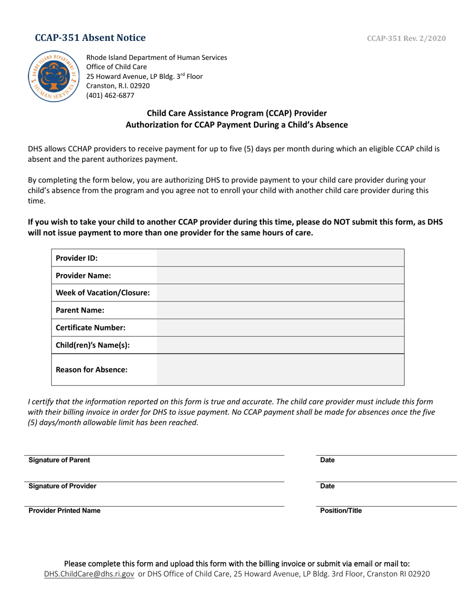 Form CCAP-351 Absent Notice - Rhode Island, Page 1