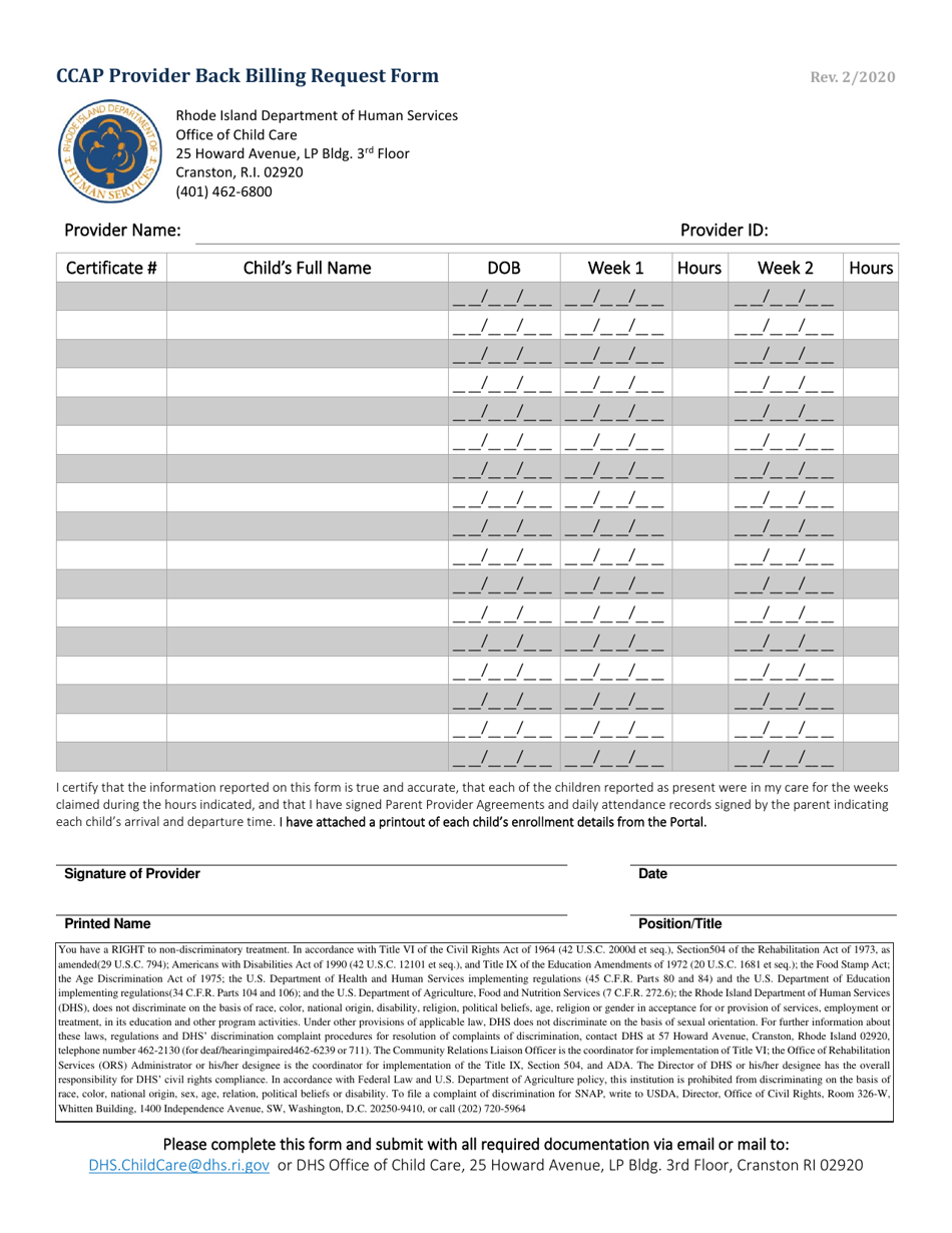 Ccap Provider Back Billing Request Form - Rhode Island, Page 1