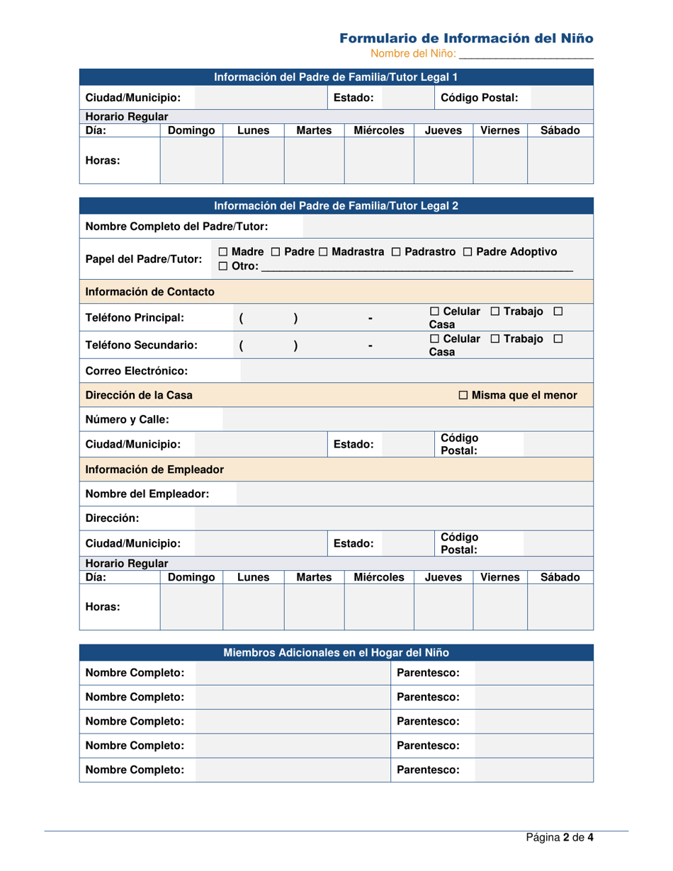 Formulario De Informacion Del Nino - Rhode Island (Spanish), Page 2