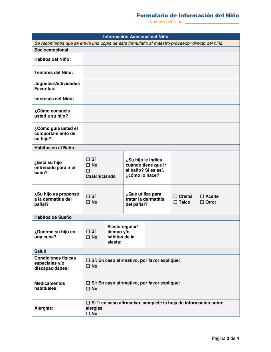 Formulario De Informacion Del Nino - Rhode Island (Spanish), Page 3