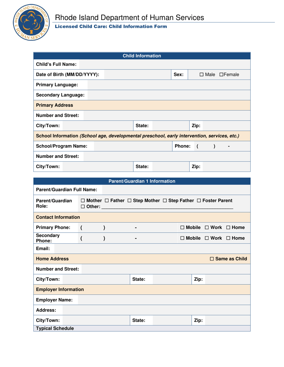 Rhode Island Licensed Child Care Child Information Form Fill Out