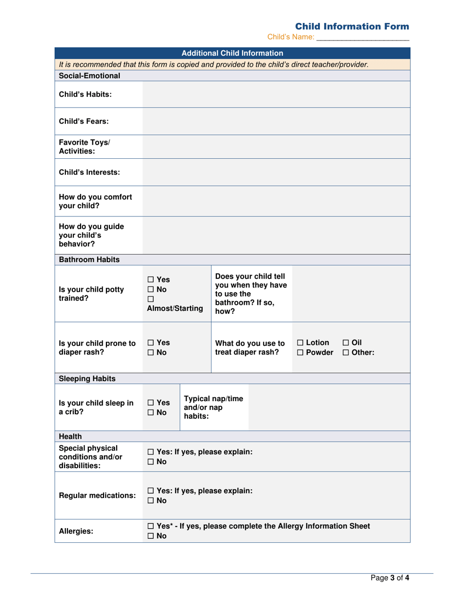 Rhode Island Licensed Child Care: Child Information Form - Fill Out ...