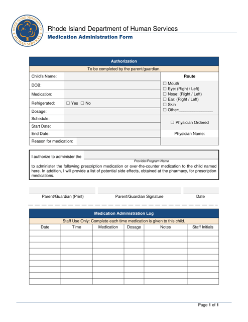Medication Administration Form - Rhode Island Download Pdf