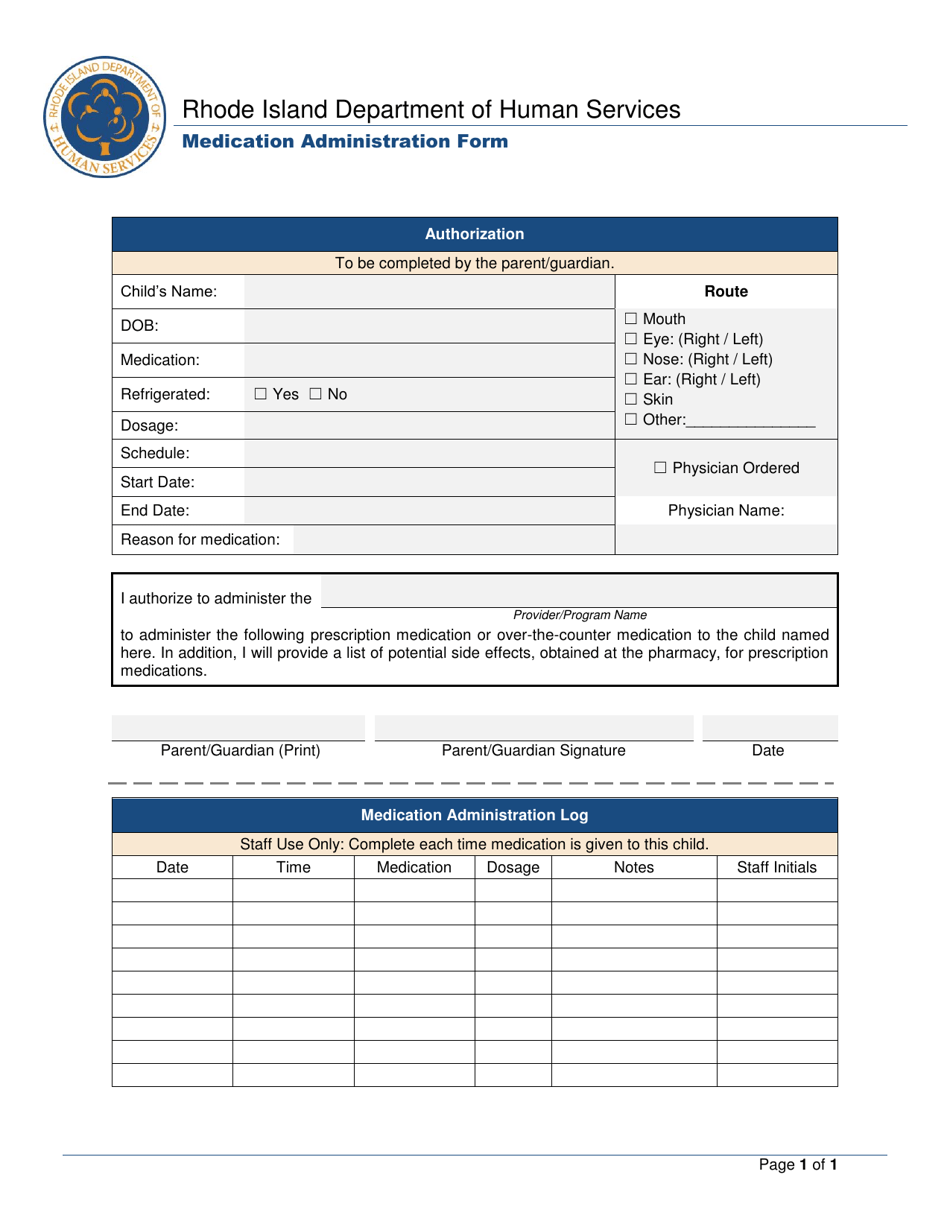 Medication Administration Form - Rhode Island, Page 1