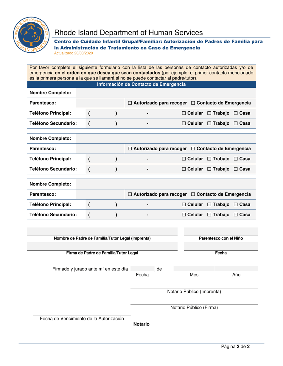 Centro De Cuidado Infantil Grupal / Familiar: Autorizacion De Padres De Familia Para La Administracion De Tratamiento En Caso De Emergencia - Rhode Island (Spanish), Page 2