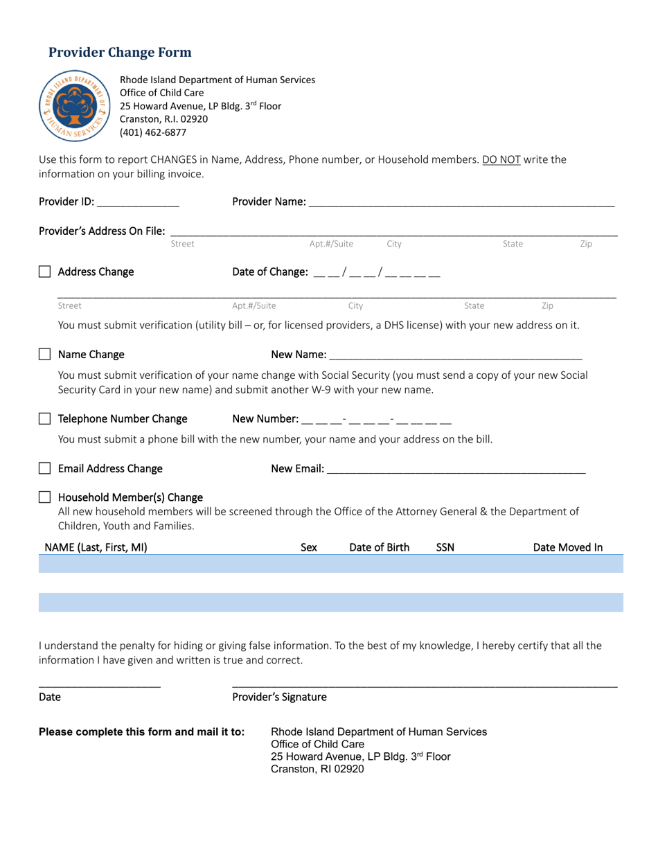 Provider Change Form - Rhode Island, Page 1