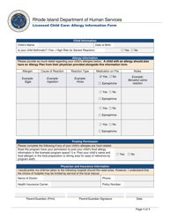 Document preview: Licensed Child Care: Allergy Information Form - Rhode Island