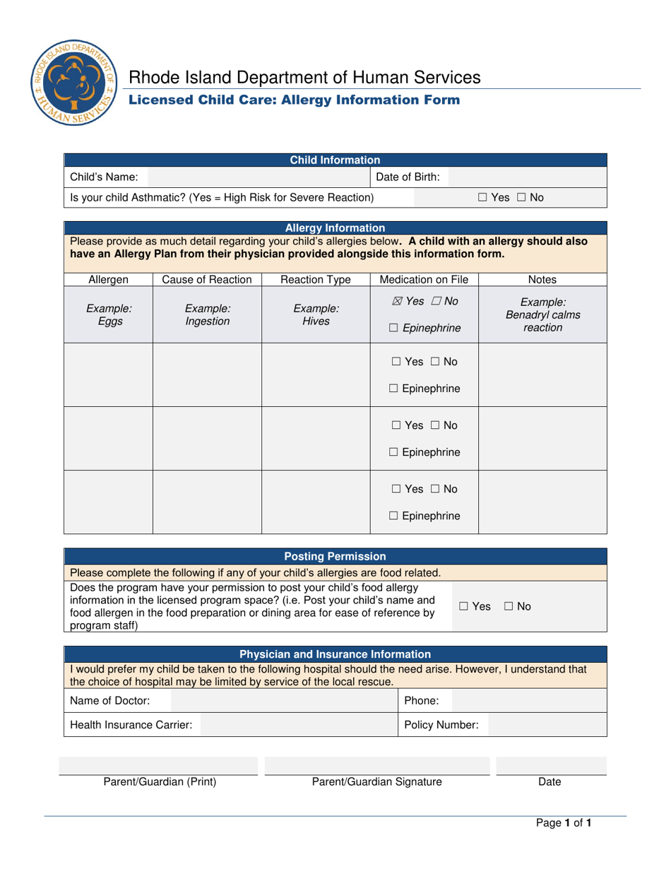 Licensed Child Care: Allergy Information Form - Rhode Island, Page 1