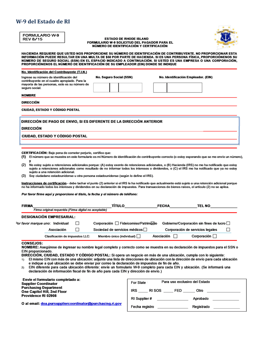 Formulario W-9 Solicitud Del Pagador Para El Numero De Identificacion Y Certificacion - Rhode Island (Spanish), Page 1