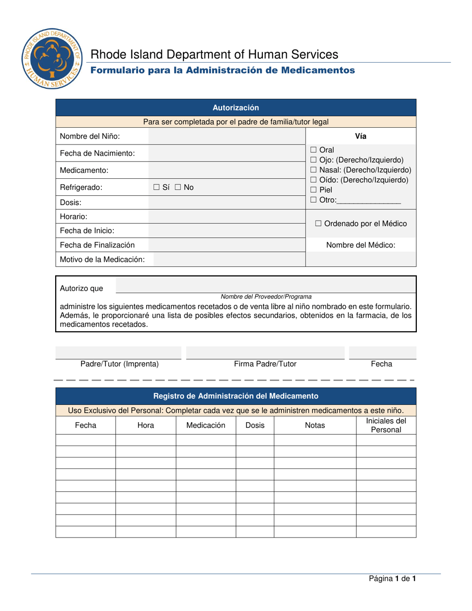 Formulario Para La Administracion De Medicamentos - Rhode Island (Spanish), Page 1