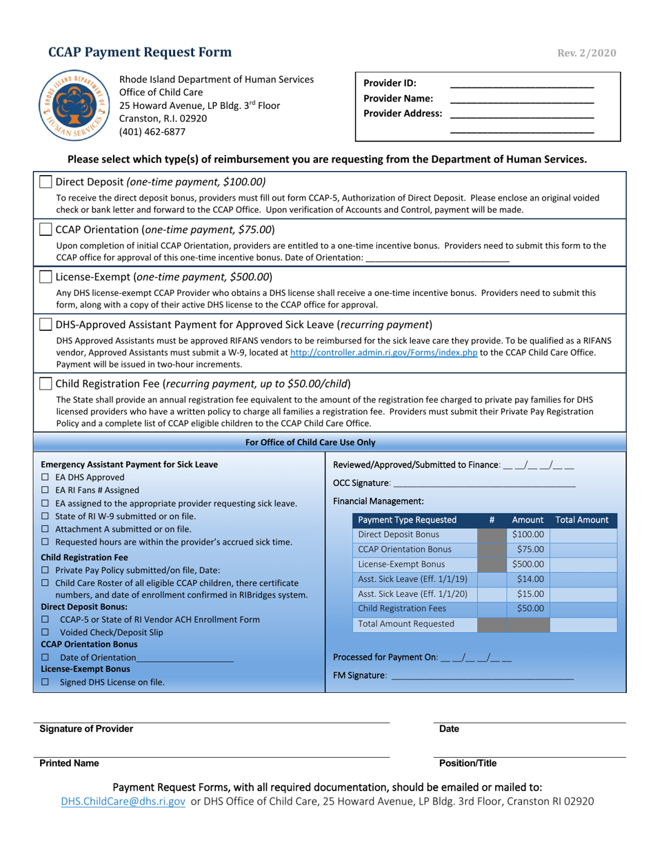 Ccap Payment Request Form - Rhode Island, Page 1