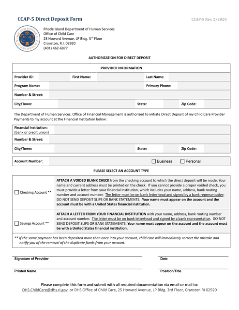Form CCAP-5 Direct Deposit Form - Rhode Island