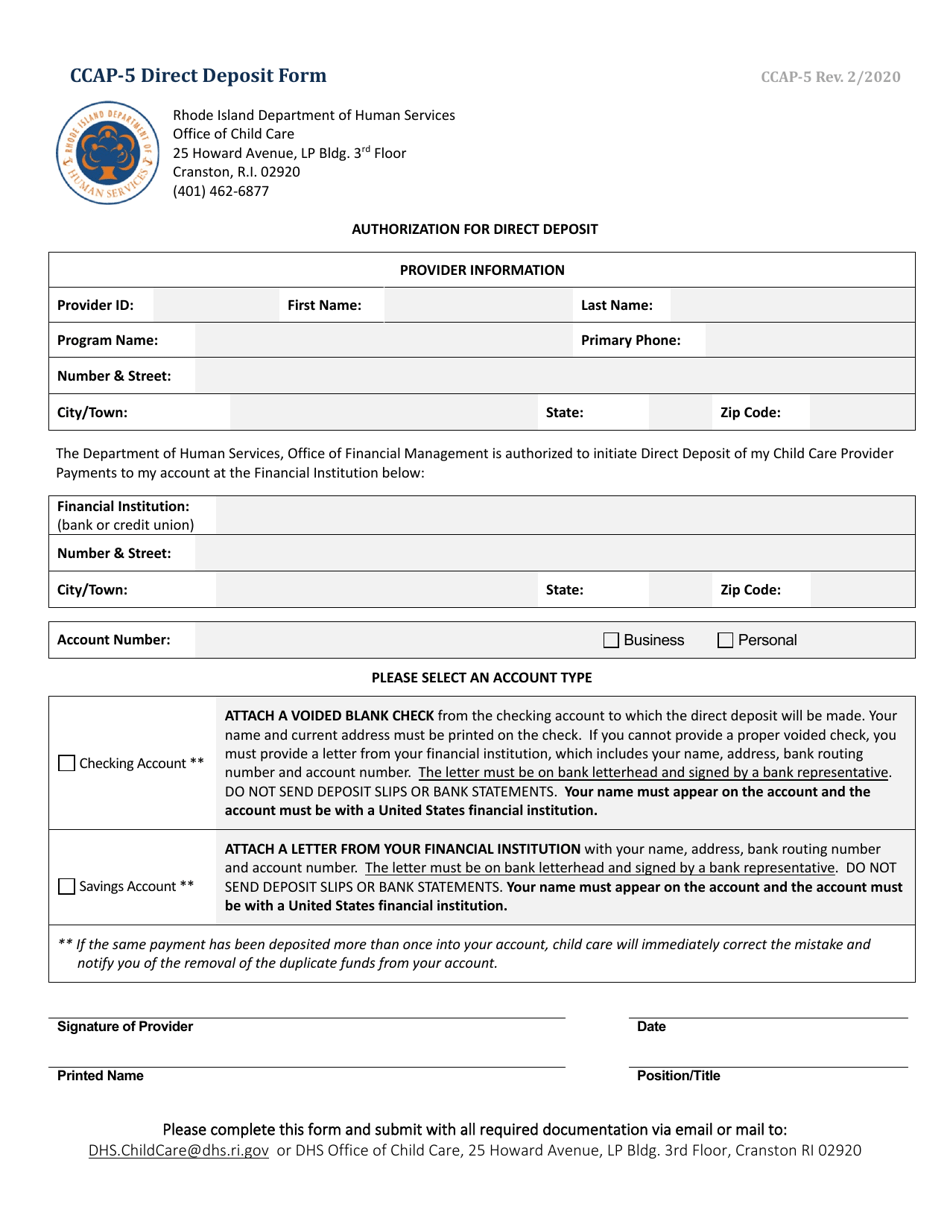 Form CCAP-5 Direct Deposit Form - Rhode Island, Page 1