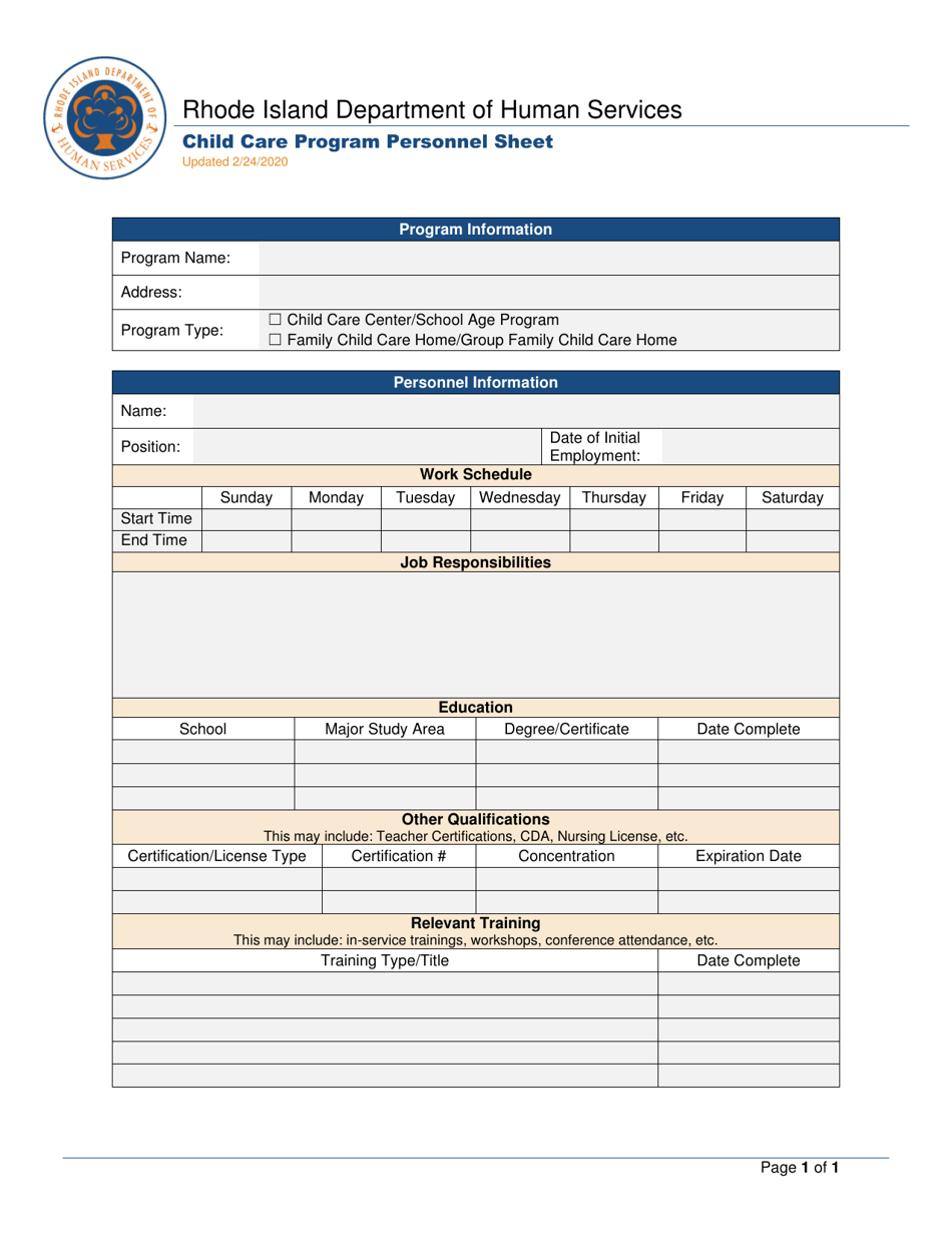 Child Care Program Personnel Sheet - Rhode Island, Page 1