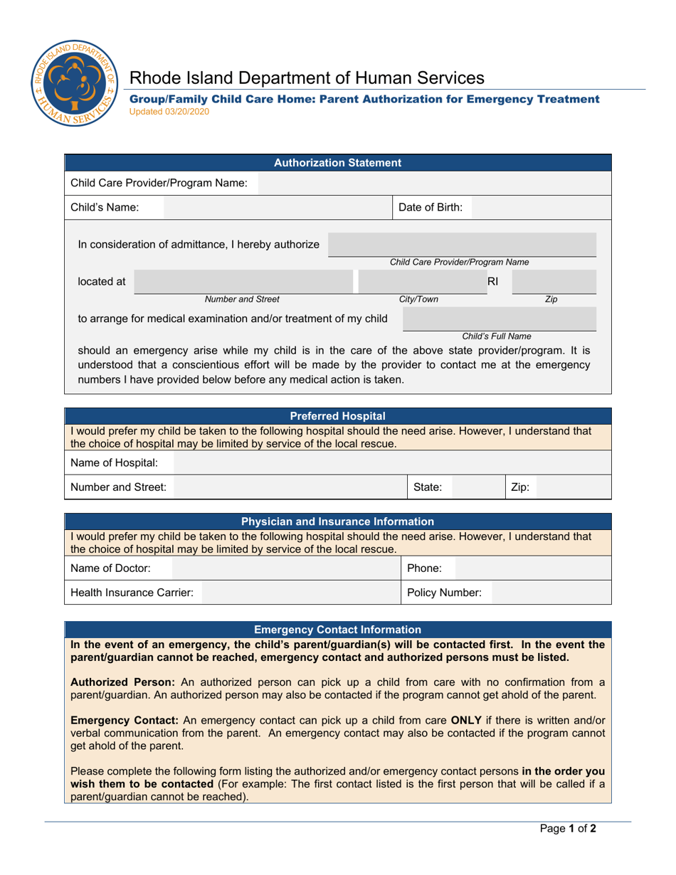 Group / Family Child Care Home: Parent Authorization for Emergency Treatment - Rhode Island, Page 1