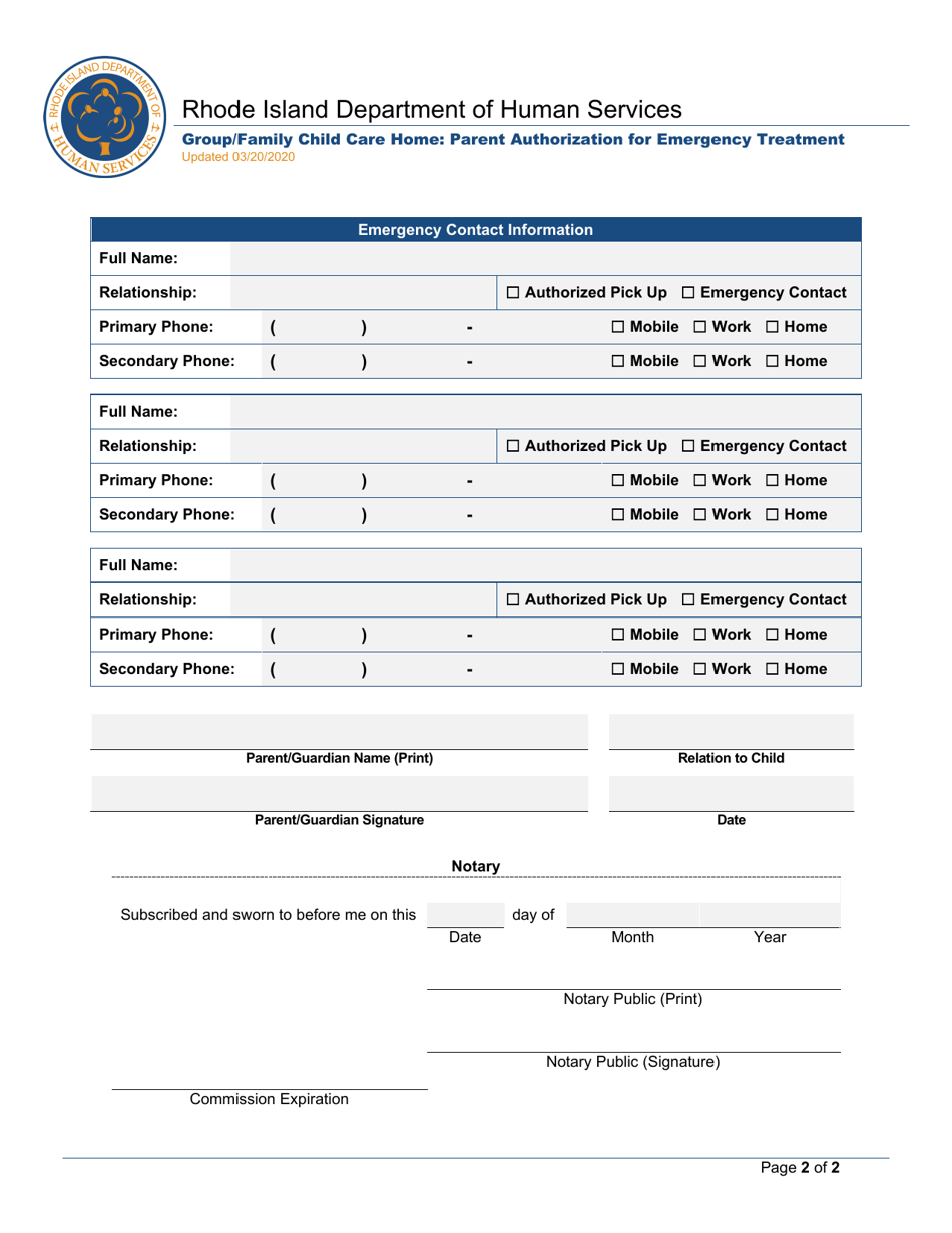 Group / Family Child Care Home: Parent Authorization for Emergency Treatment - Rhode Island, Page 2