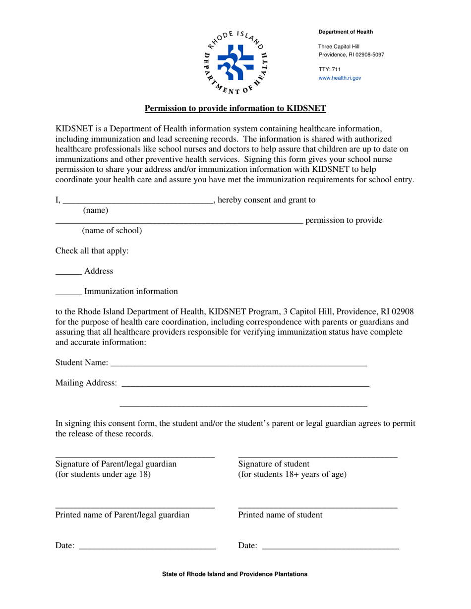 Permission to Provide Information to Kidsnet - Rhode Island, Page 1