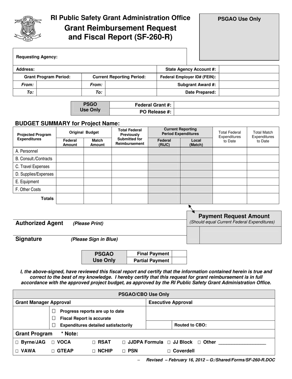 Form SF-260-R Grant Reimbursement Request and Fiscal Report - Rhode Island, Page 1