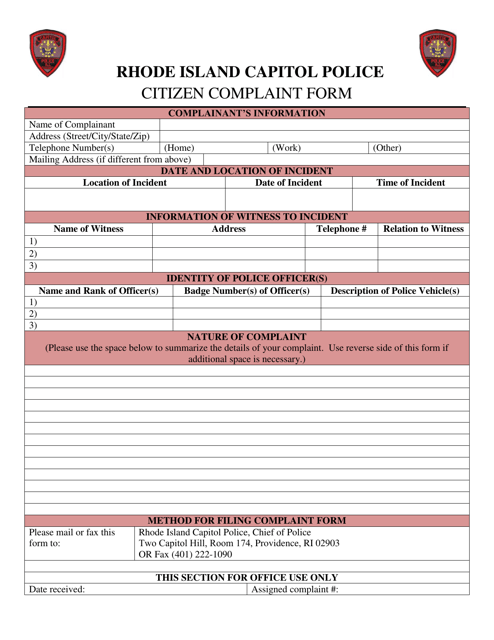 Citizen Complaint Form - Rhode Island Download Pdf