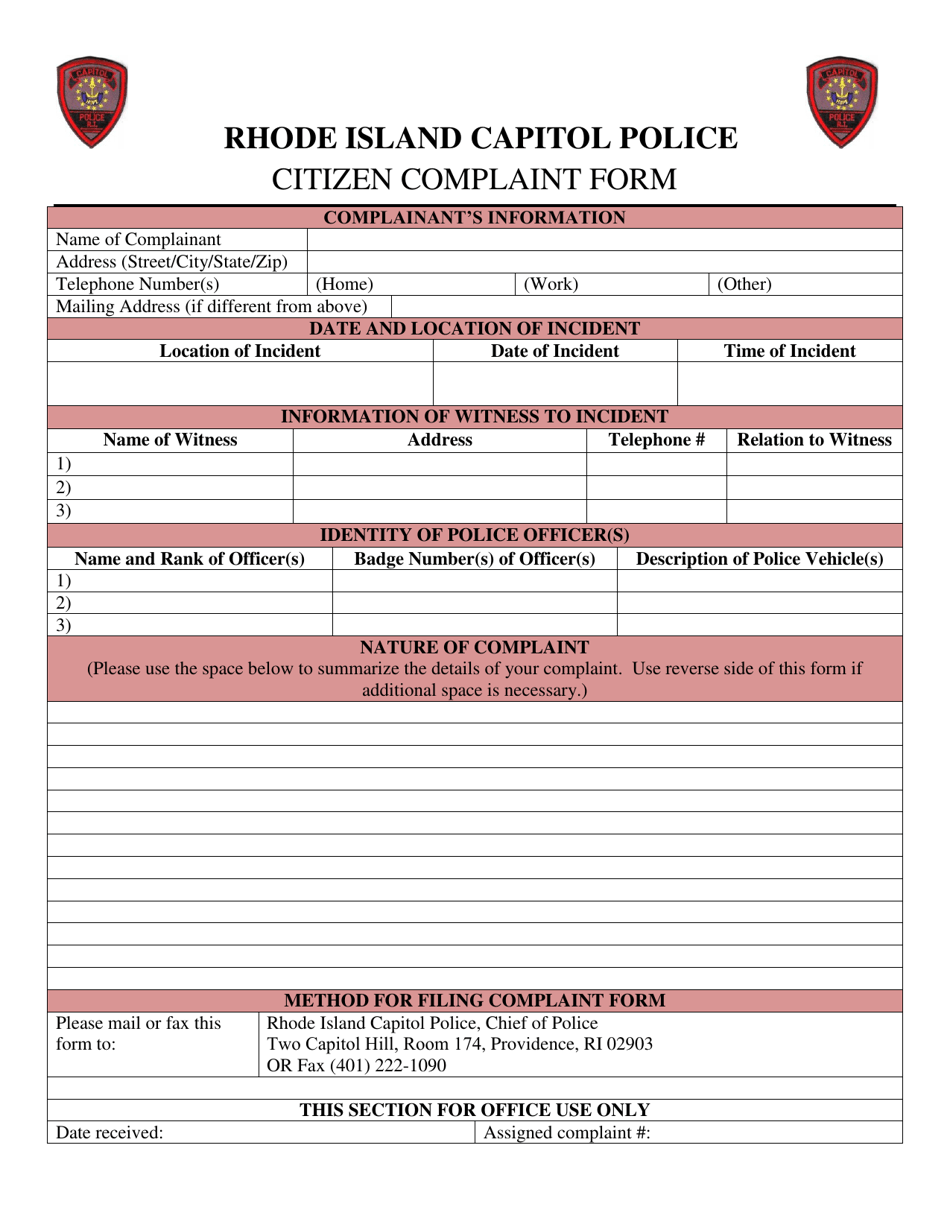 Citizen Complaint Form - Rhode Island, Page 1