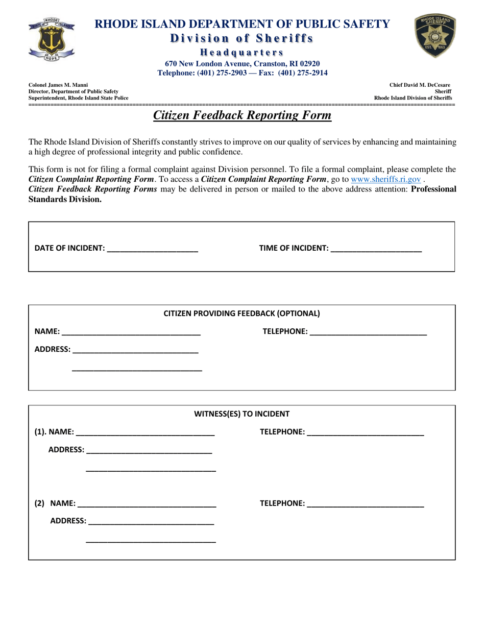 Citizen Feedback Reporting Form - Rhode Island, Page 1